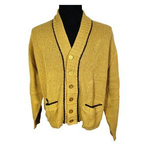 Vintage 1970's Womens Bulky Knit Gold Wool Button Up Sweater Large
